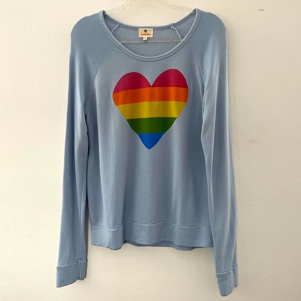 Sundry Small Rainbow Heart Sweatshirt Blue Cozy Comfy Colorful Love USA NEW